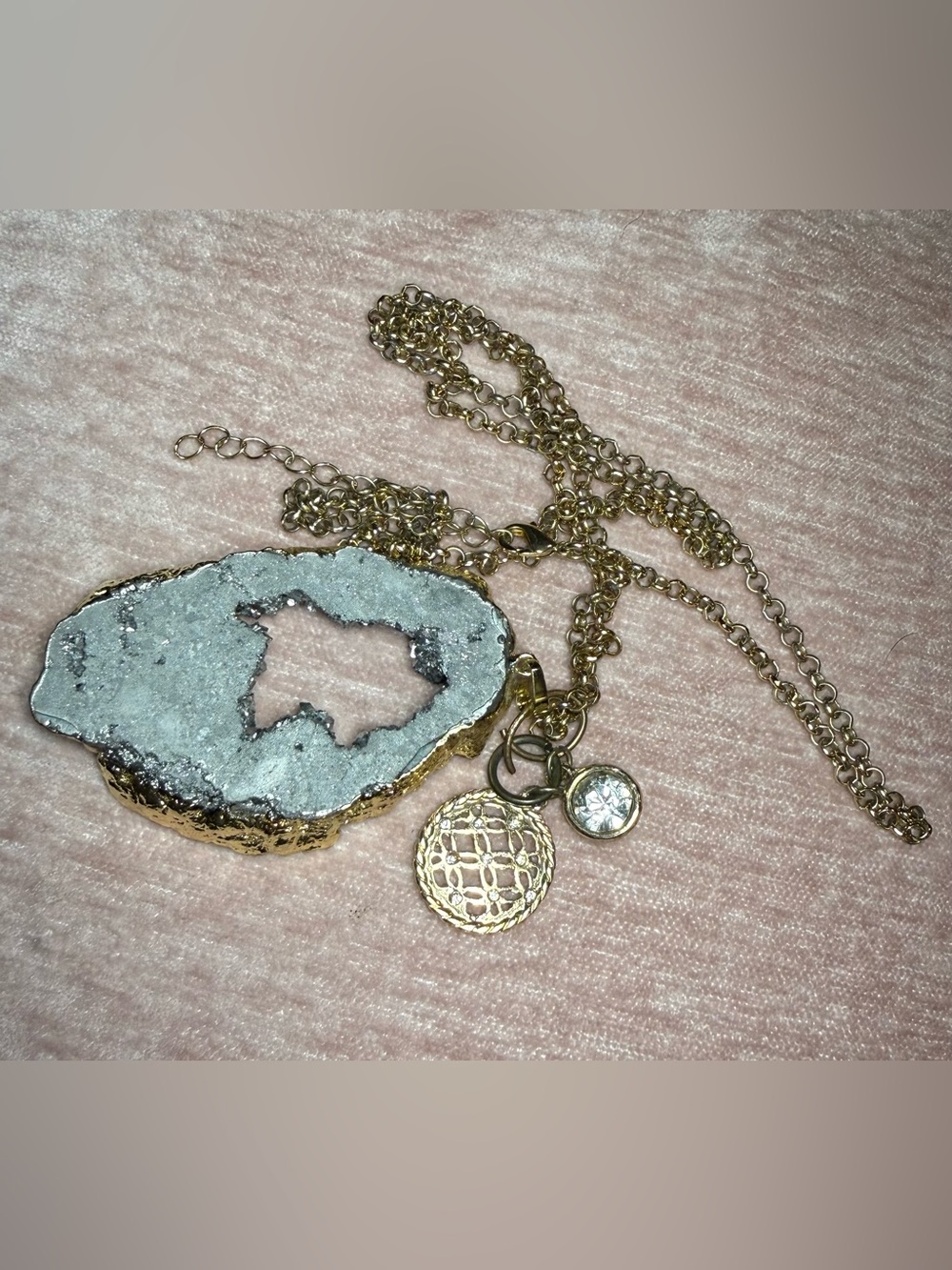 Gold-Tone Druzy Pendant Necklace with Clear Crystal Charm